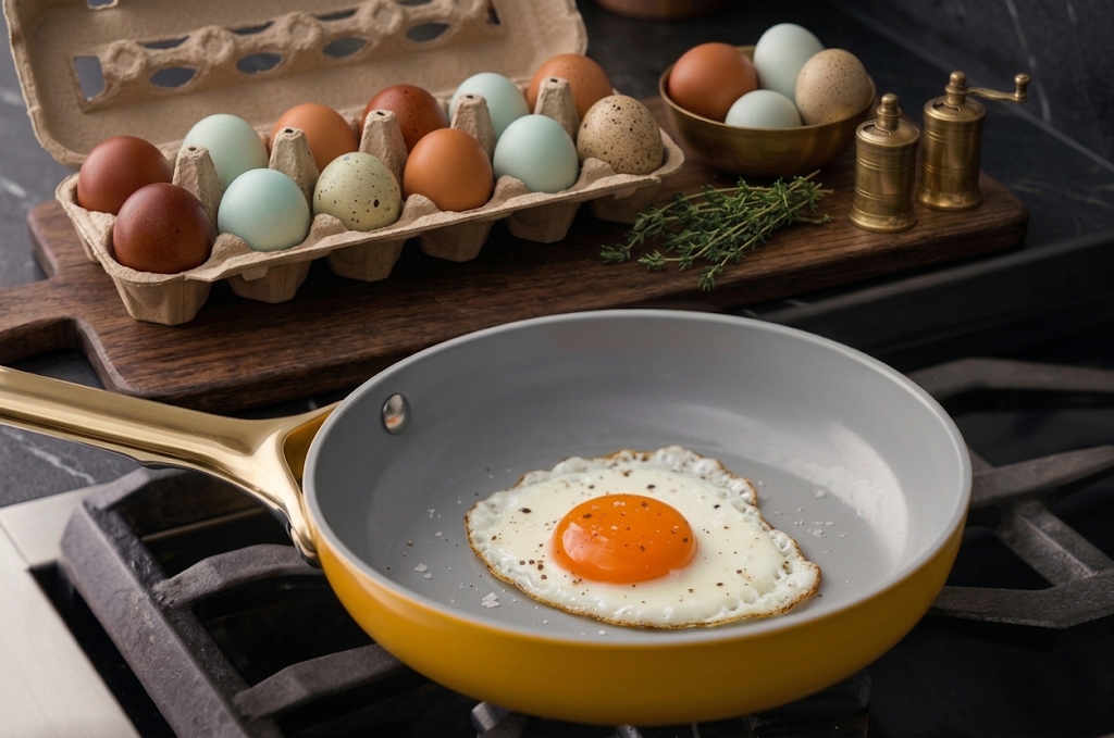 Fresh eggs cooking in a pan