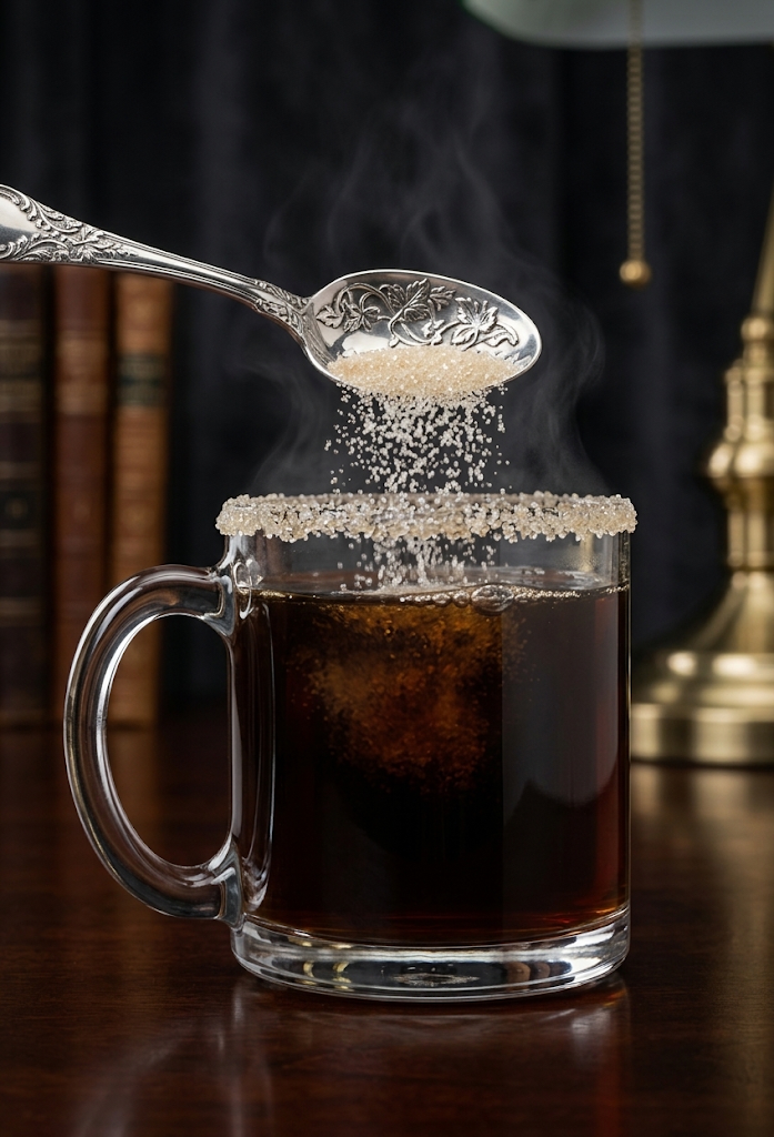 Sugar being added to a warm cup of tea